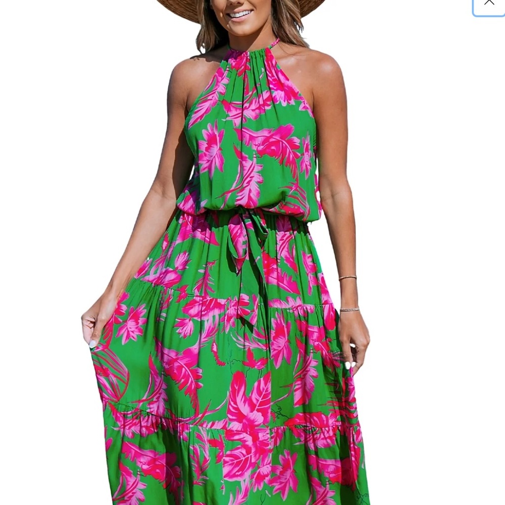 Cupshe Green and Pink Floral Midi Dress
